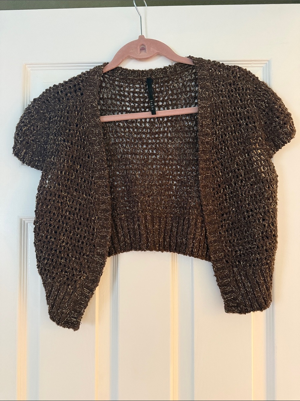 Open-Weave Short Sleeve Shrug - Brown and Gold Metallic Accent